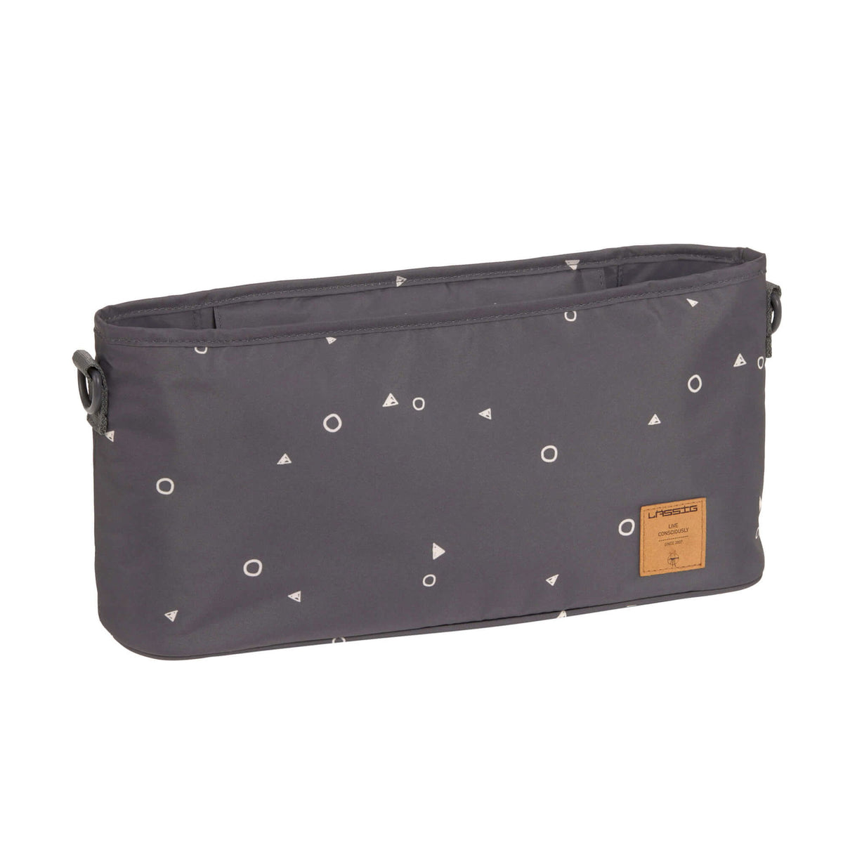 Organisateur de poussette LÄSSIG anthracite au motif Universe, présenté de trois-quarts.