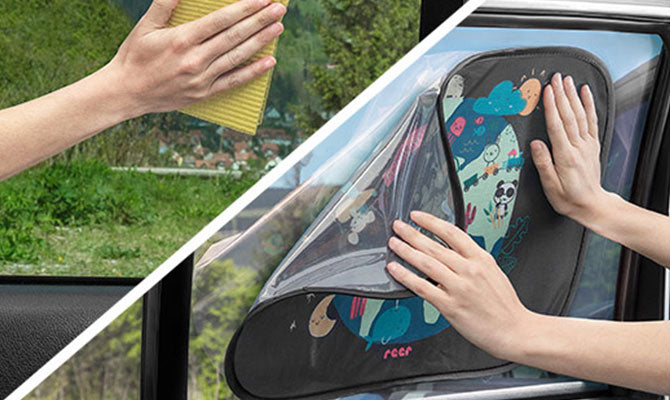 Pose du pare-soleil reer TravelKid Sun 86112 : nettoyage de la vitre puis application manuelle sans ventouses.