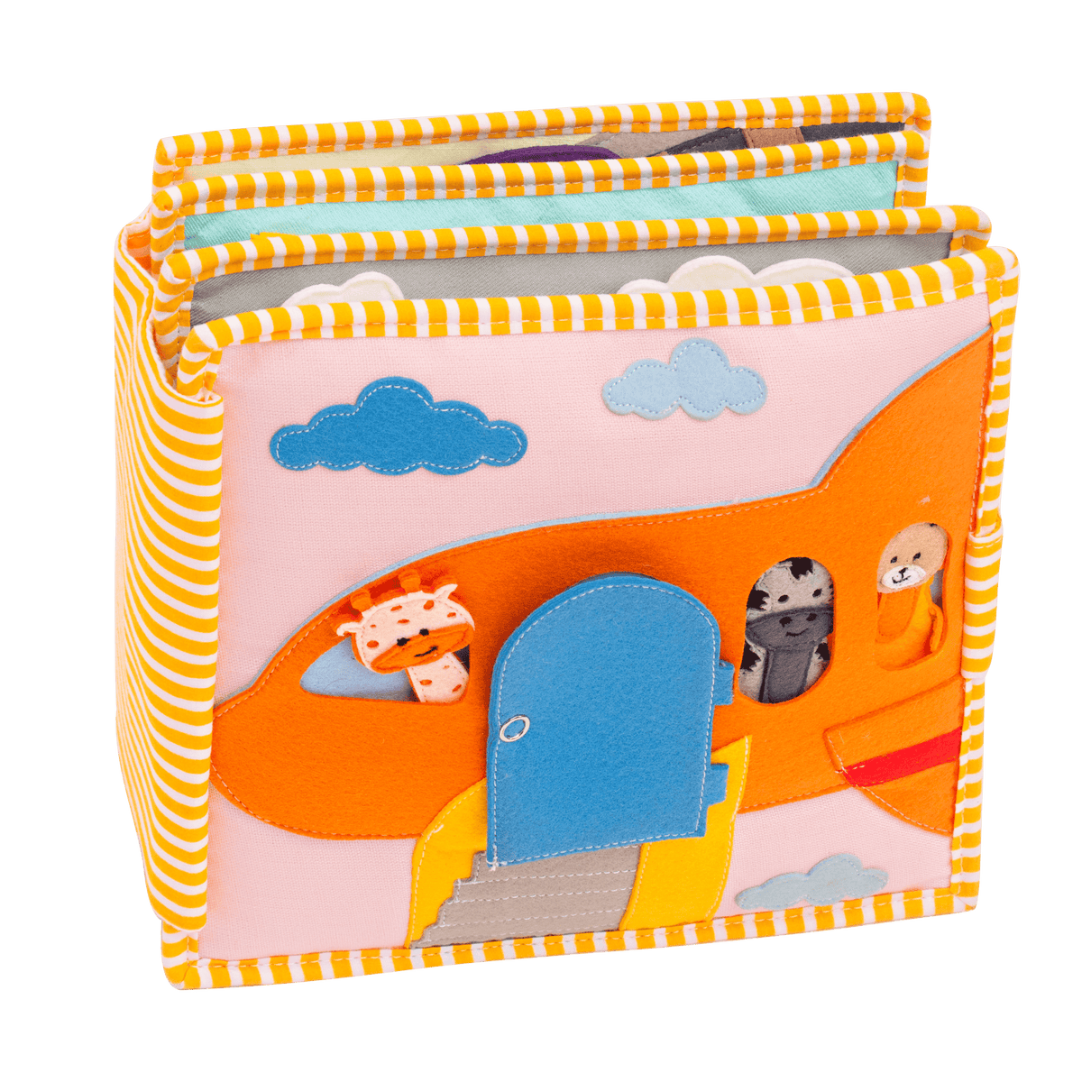 Livre textile Jolly Designs Globetrotter avec motif avion orange, porte bleue et personnages à manipuler.