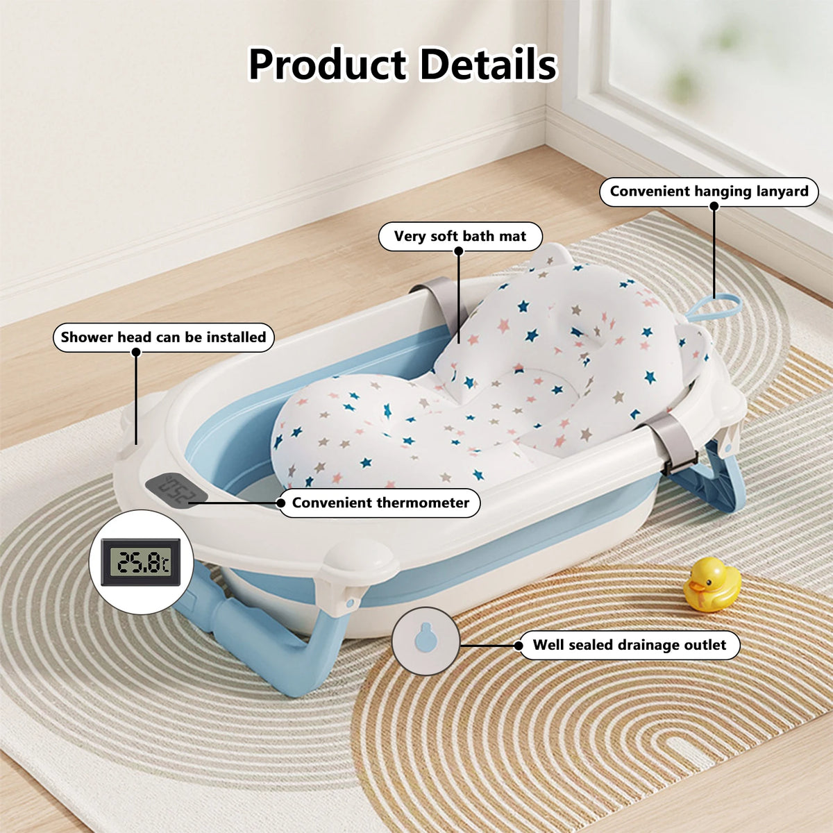 Baignoire bébé pliable avec support, thermomètre et coussin de bain