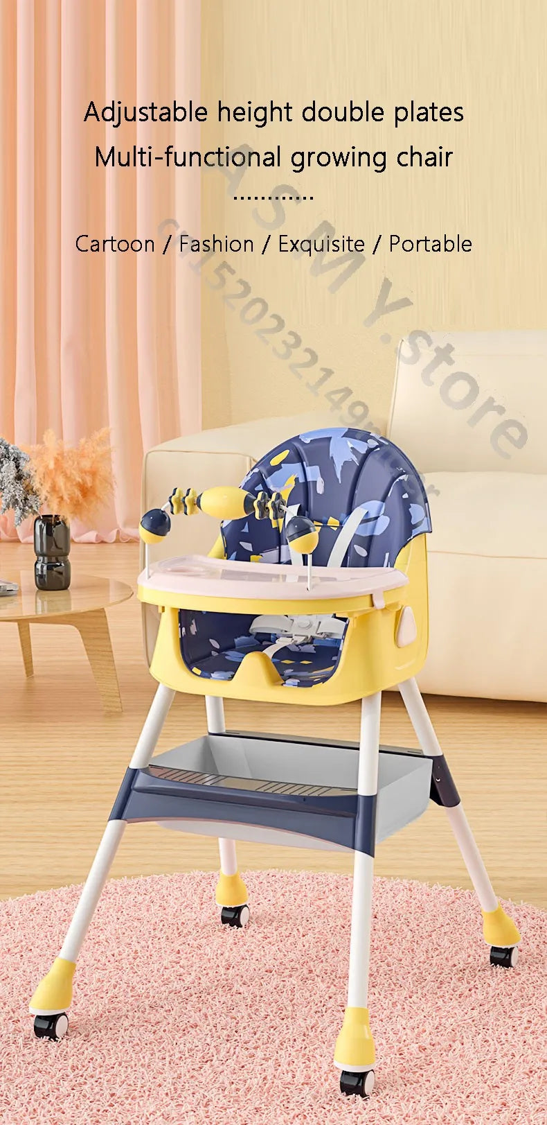 Chaise haute bébé avec assise et tablette, vue de trois-quarts