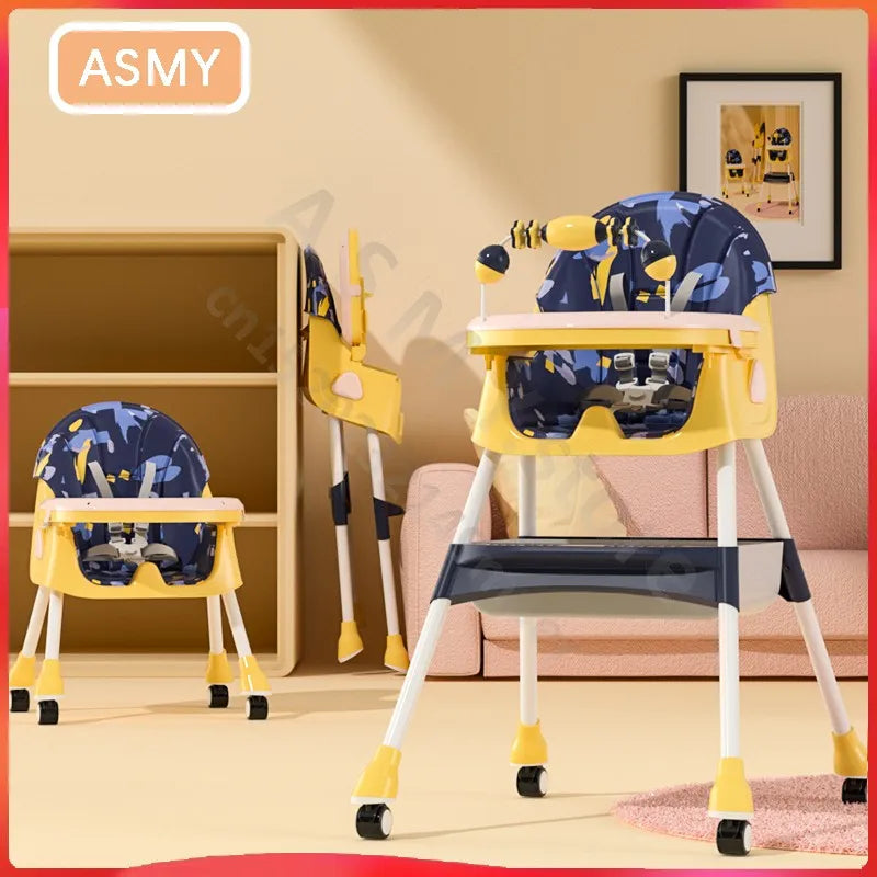 Chaise haute bébé avec tablette et roues, vue de face