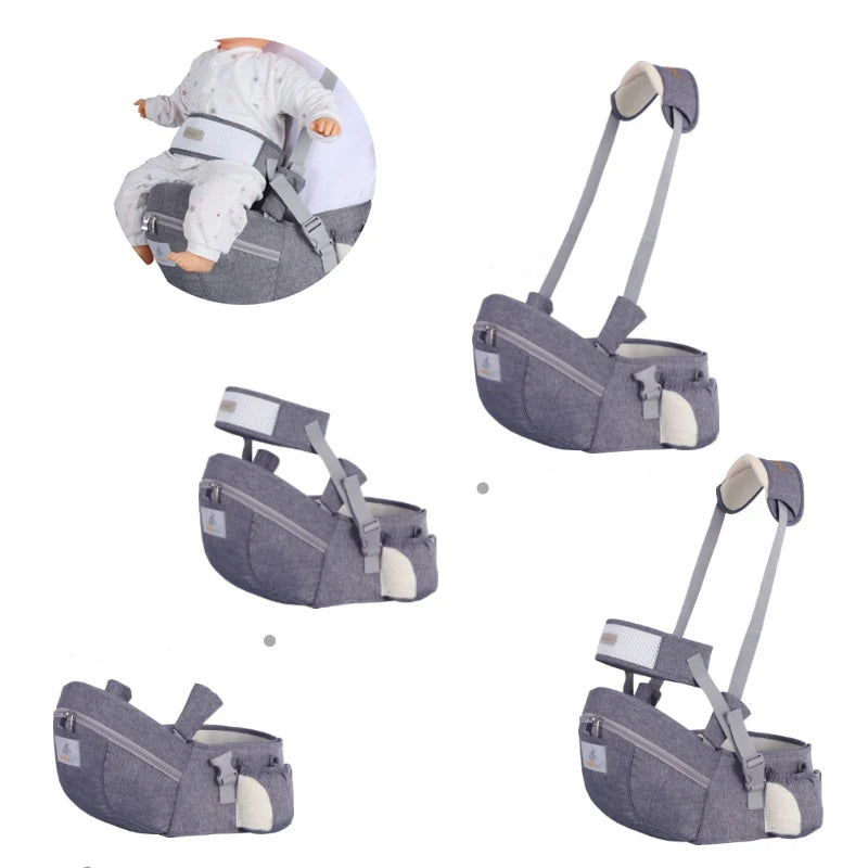 Vues du siège de portage bébé gris et de ses sangles
