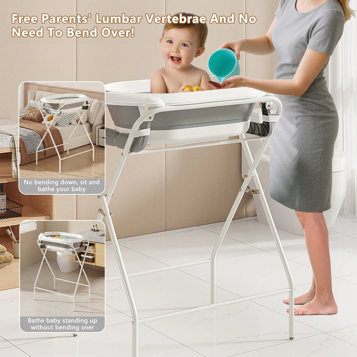 Baignoire bébé pliable avec support, thermomètre et coussin de bain