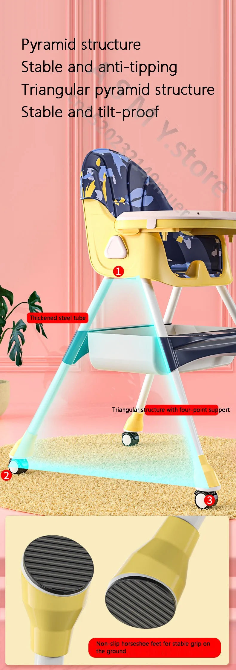 Illustration des positions d’inclinaison de la chaise haute