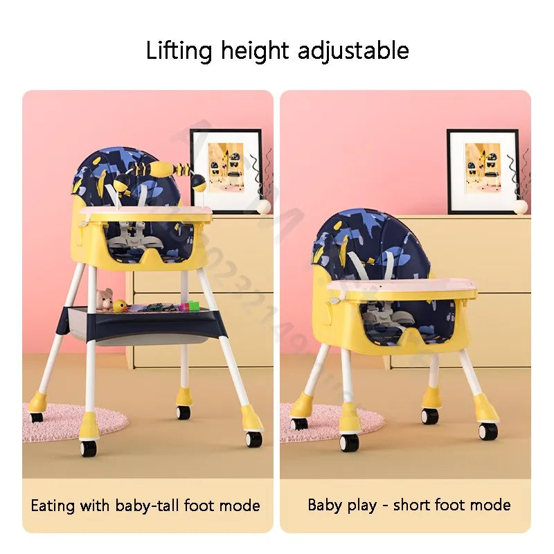 Illustration de la chaise haute pliable et de ses réglages