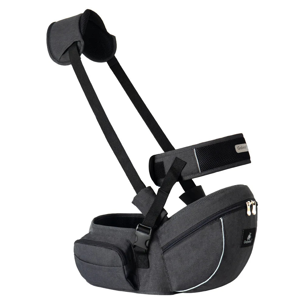 Siège de portage bébé noir avec ceinture et sangle d’épaule