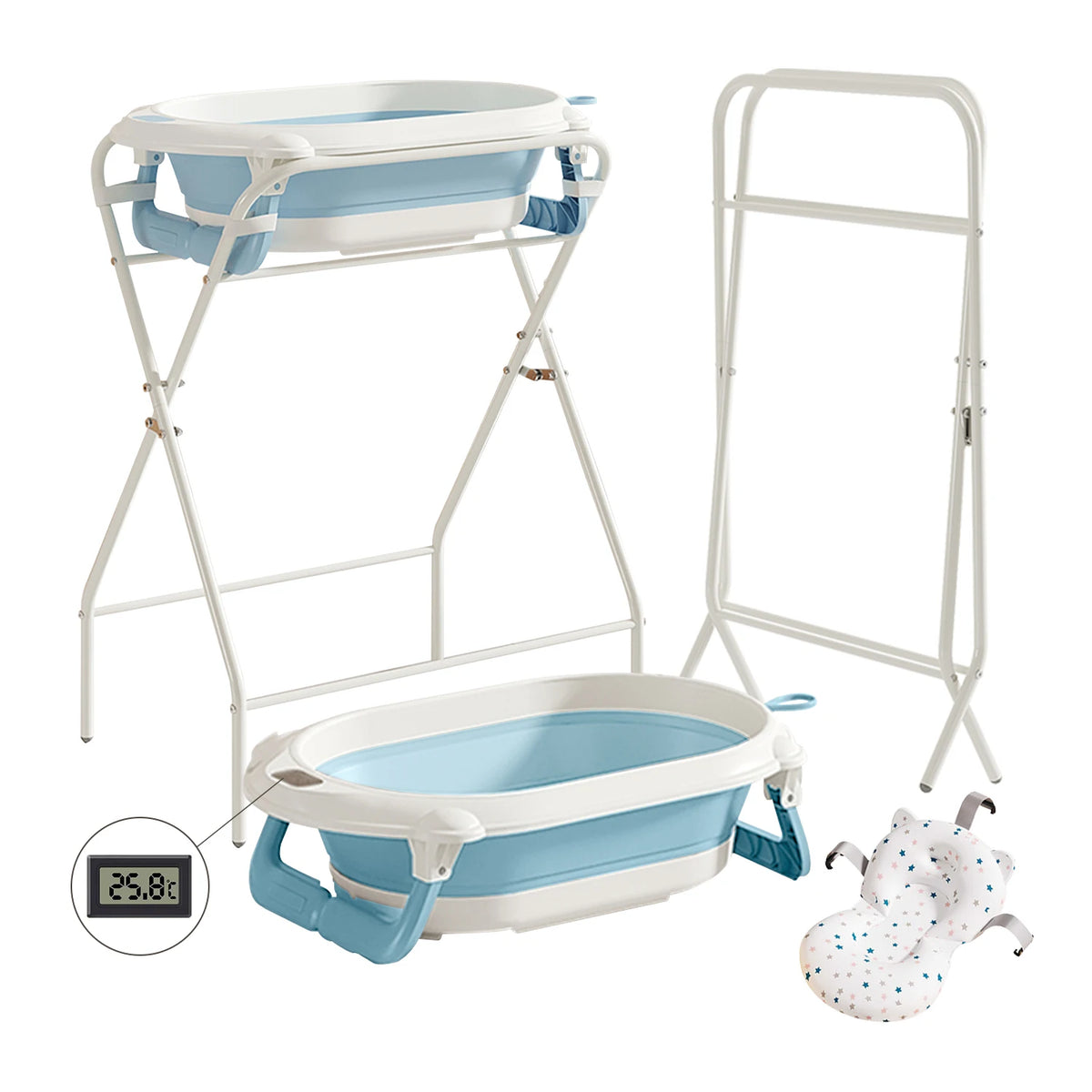Baignoire bébé pliable avec support, thermomètre et coussin de bain
