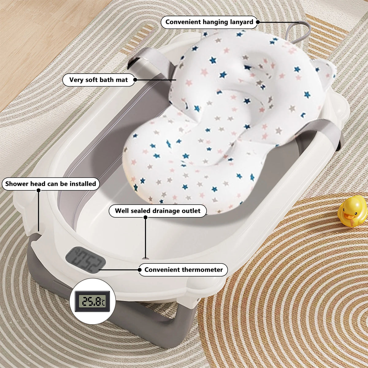 Baignoire bébé pliable avec support, thermomètre et coussin de bain