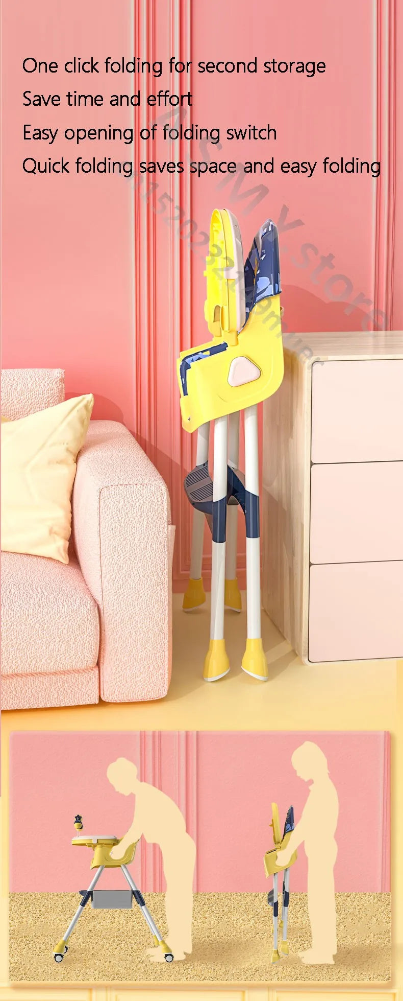 Chaise haute avec tablette, vue latérale