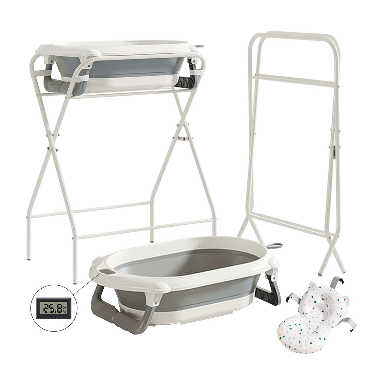 Baignoire bébé pliable avec support, thermomètre et coussin de bain