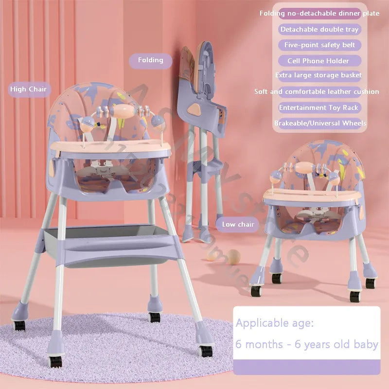 Chaise haute bébé bleu marine présentée de profil