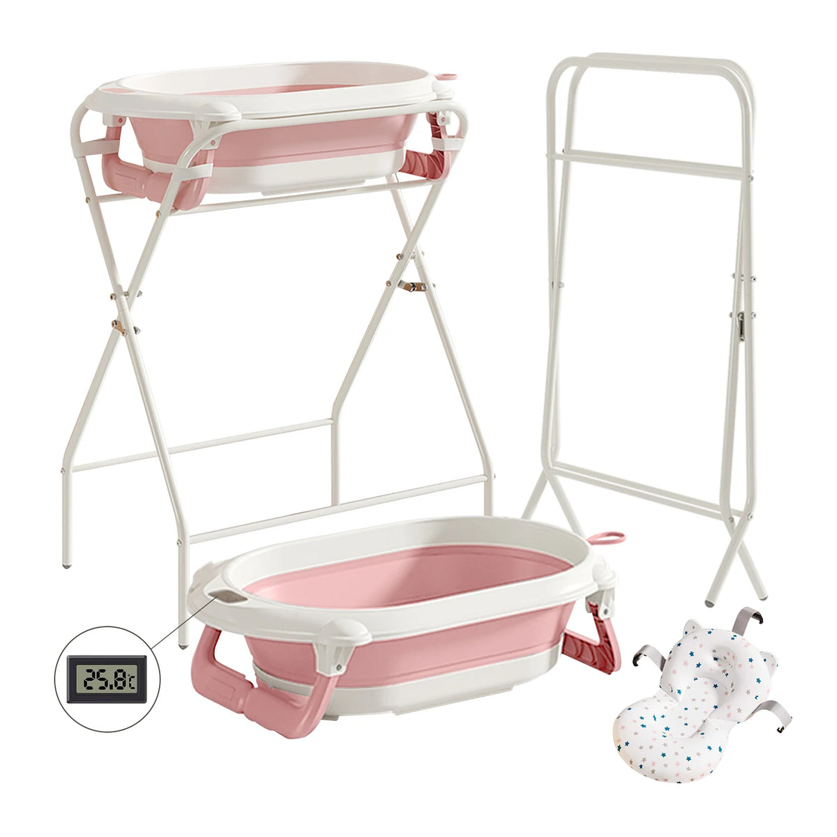 Baignoire bébé pliable avec support, thermomètre et coussin de bain