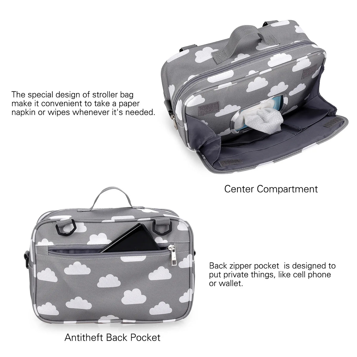 Sac à langer multifonctionnel à motif imprimé, vue de face