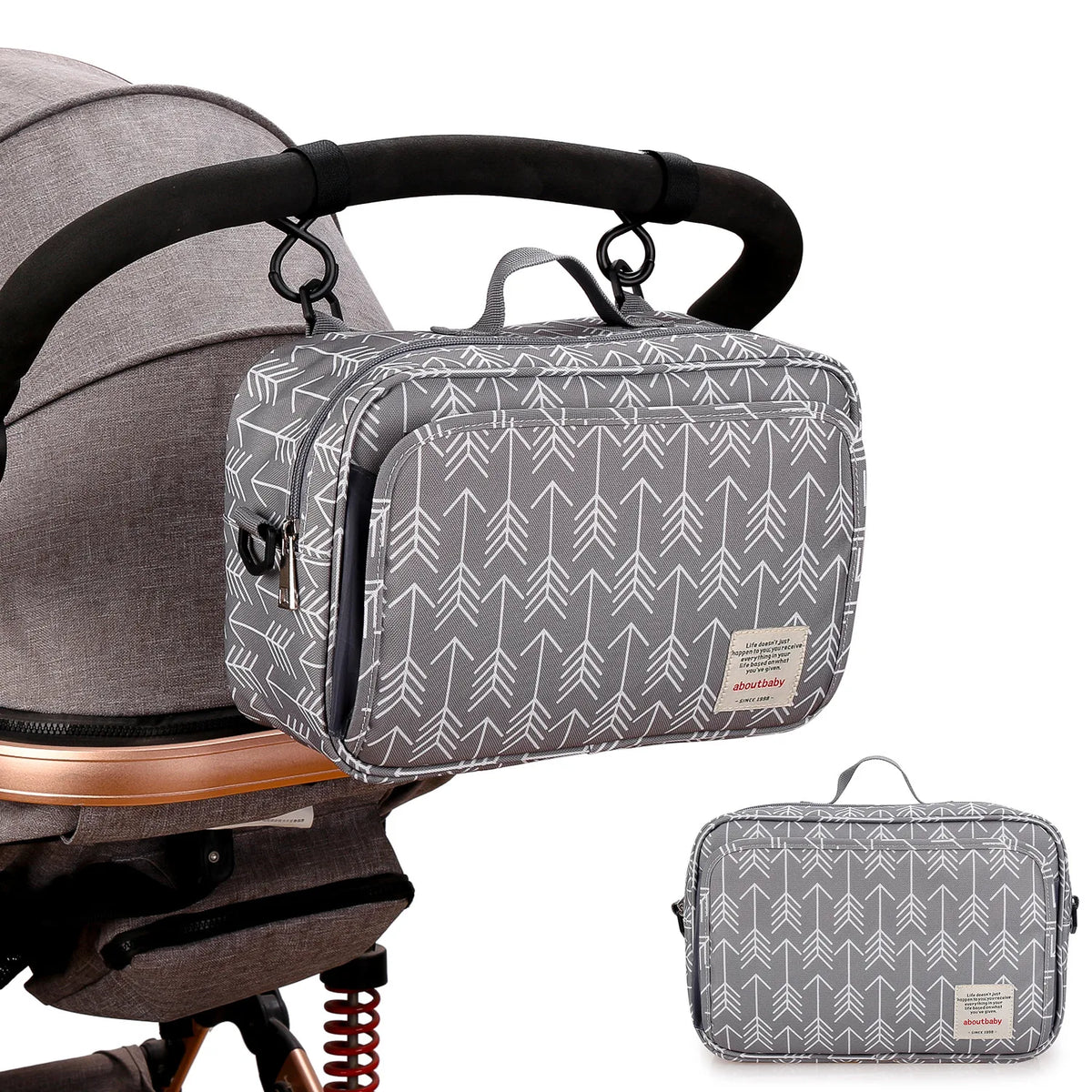 Détail rapproché du tissu imprimé et des finitions du sac à langer