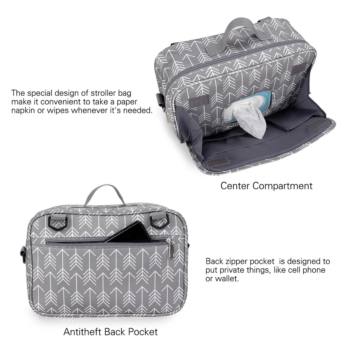 Sac à langer multifonctionnel à motif imprimé, vue de face