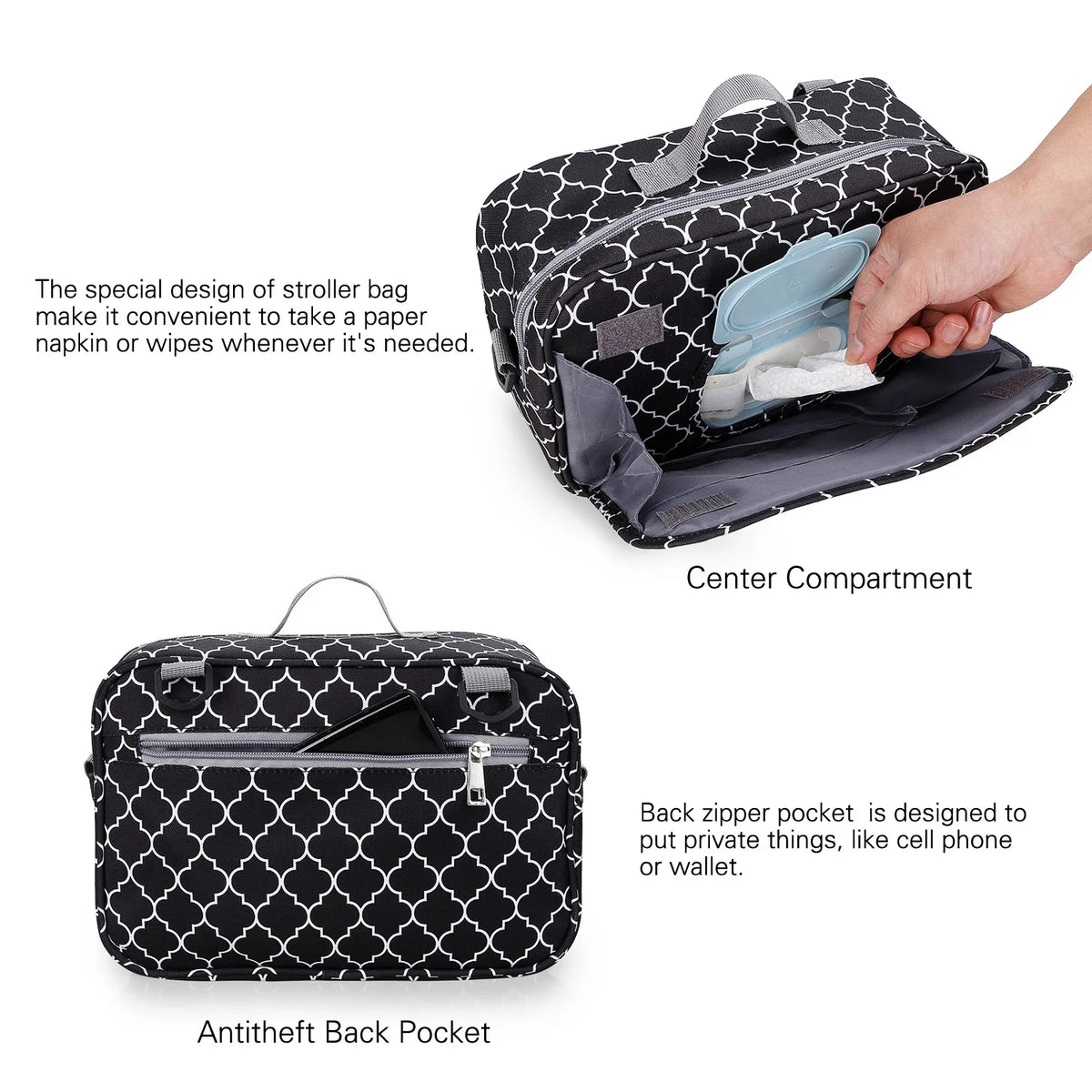 Sac à langer multifonctionnel à motif imprimé, vue de face