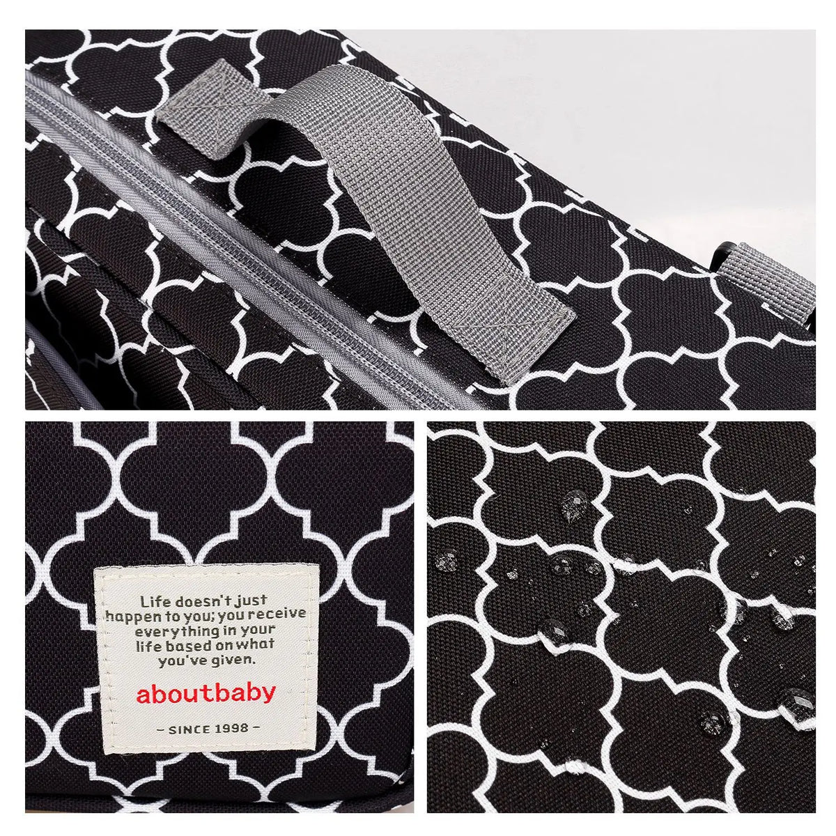 Détail rapproché du tissu imprimé et des finitions du sac à langer