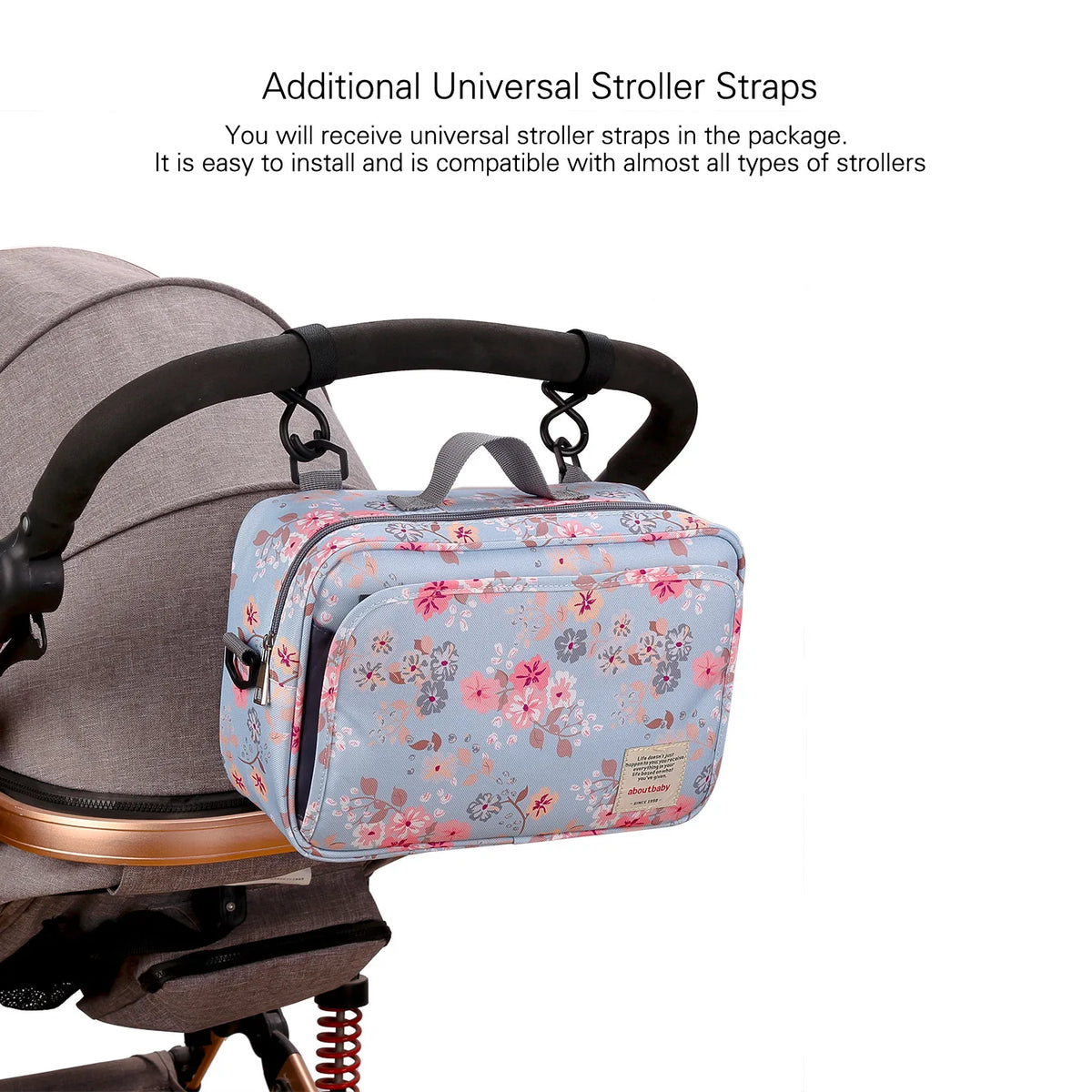 Détail rapproché du tissu imprimé et des finitions du sac à langer
