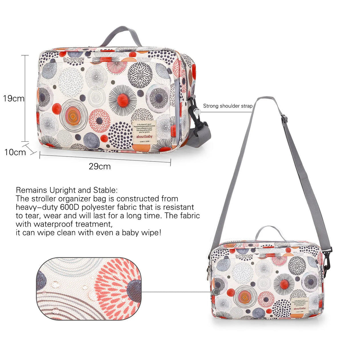 Détail rapproché du tissu imprimé et des finitions du sac à langer