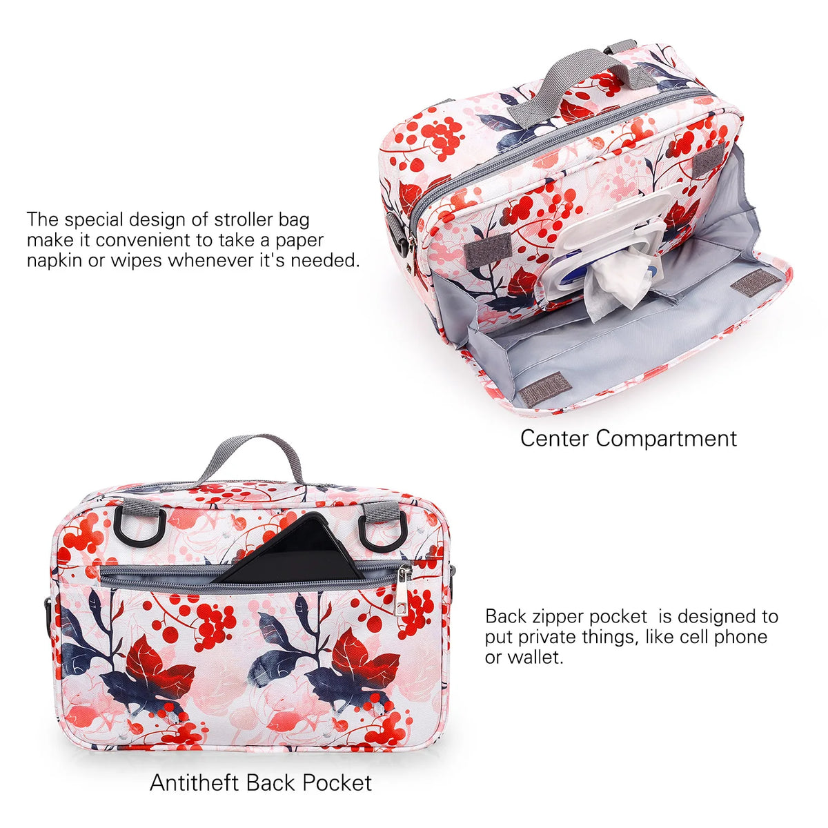 Détail rapproché du tissu imprimé et des finitions du sac à langer