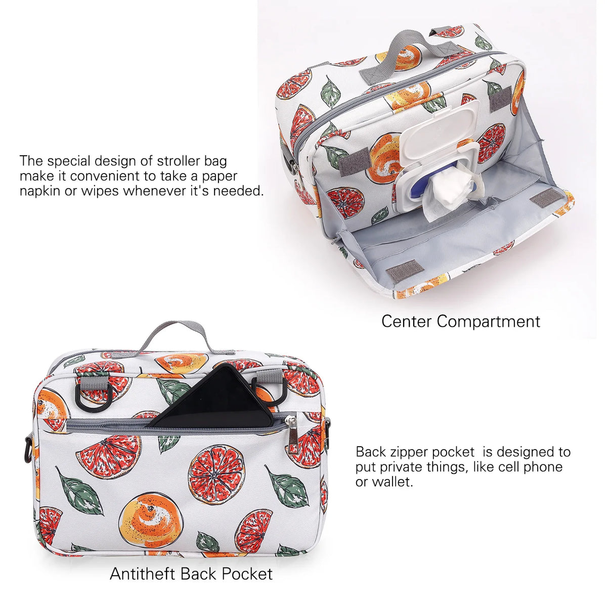 Sac à langer multifonctionnel à motif imprimé, vue de face