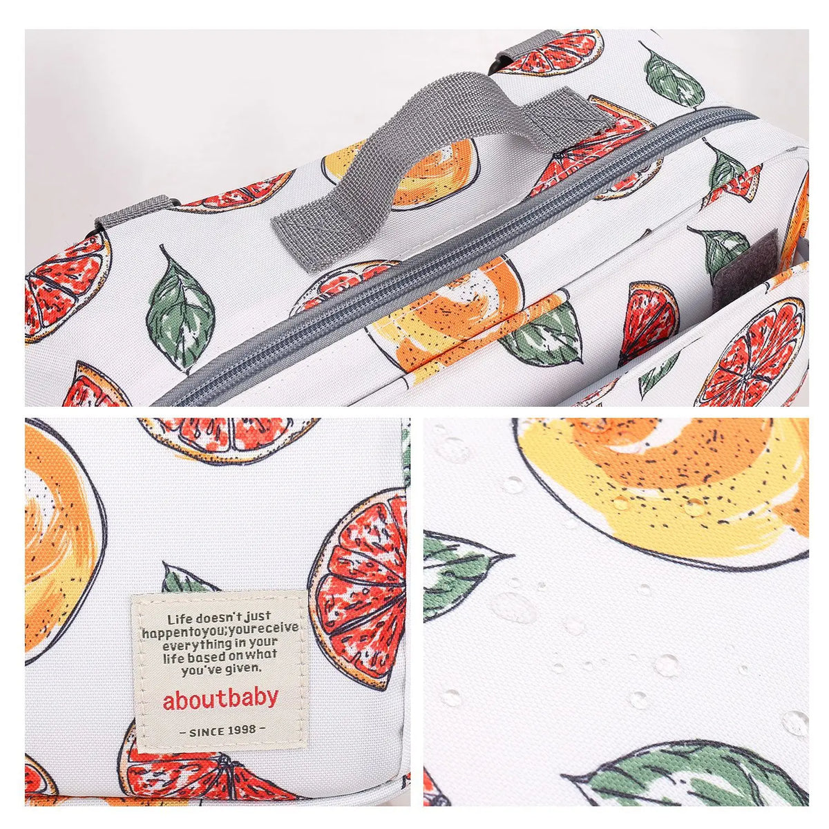 Détail rapproché du tissu imprimé et des finitions du sac à langer