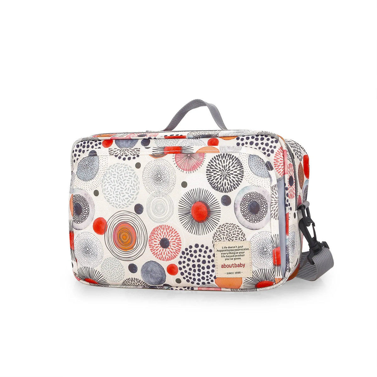 Détail rapproché du tissu imprimé et des finitions du sac à langer